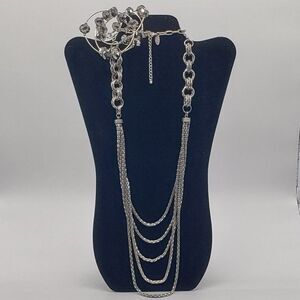 George Silver Tone 5 Strand Ring Link Necklace & Spring Silver Faux Gem Bracelet